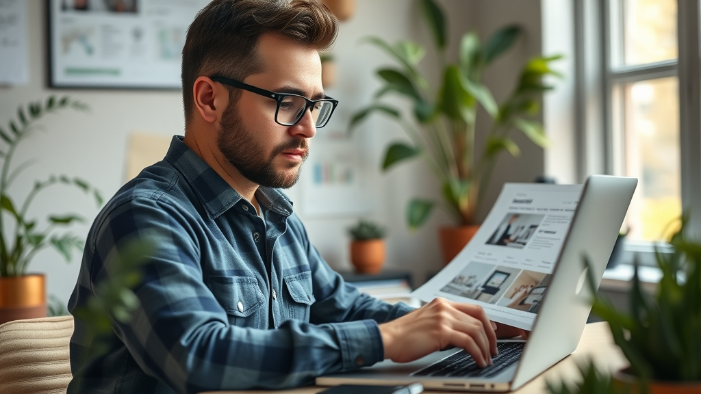 contractor landing page design professional at laptop using drag-and-drop builder in a cozy home office with plants blueprints and templates, earthy and navy blue tones, natural light