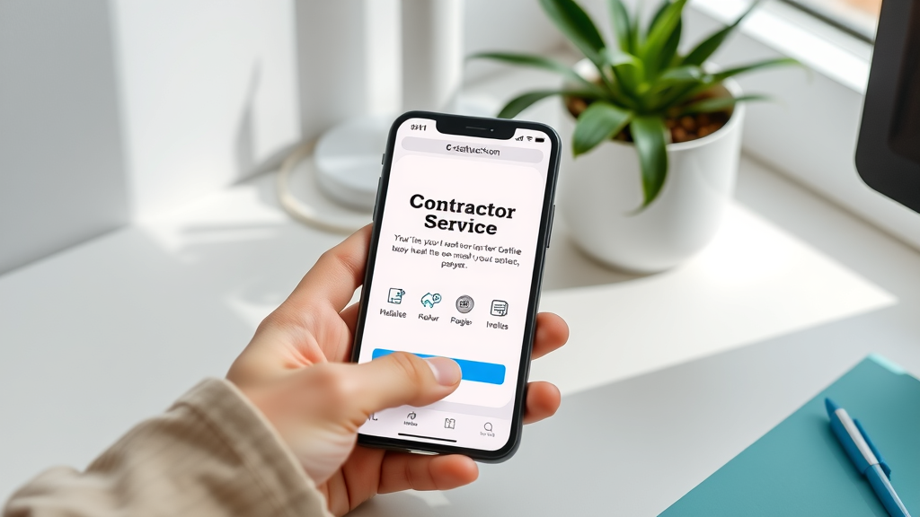 clean mobile contractor landing page design on a smartphone showing clear CTA button and trust badges, photorealistic white desk, house plant, user about to tap CTA, white teal and gold palette