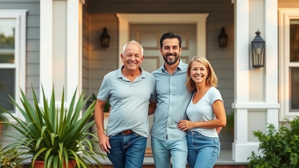 contractor landing page design satisfied homeowner standing outside a newly renovated home, joyful expression, natural colors, photorealistic, early afternoon sun