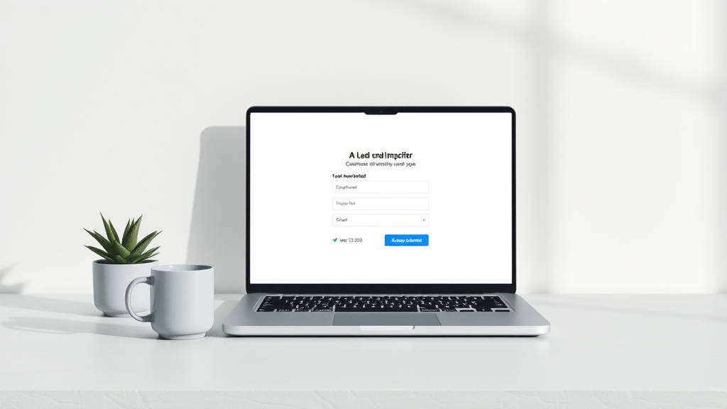 minimalist contractor landing page design on clean desk, laptop showing simple lead form, white gray blue palette, inviting atmosphere