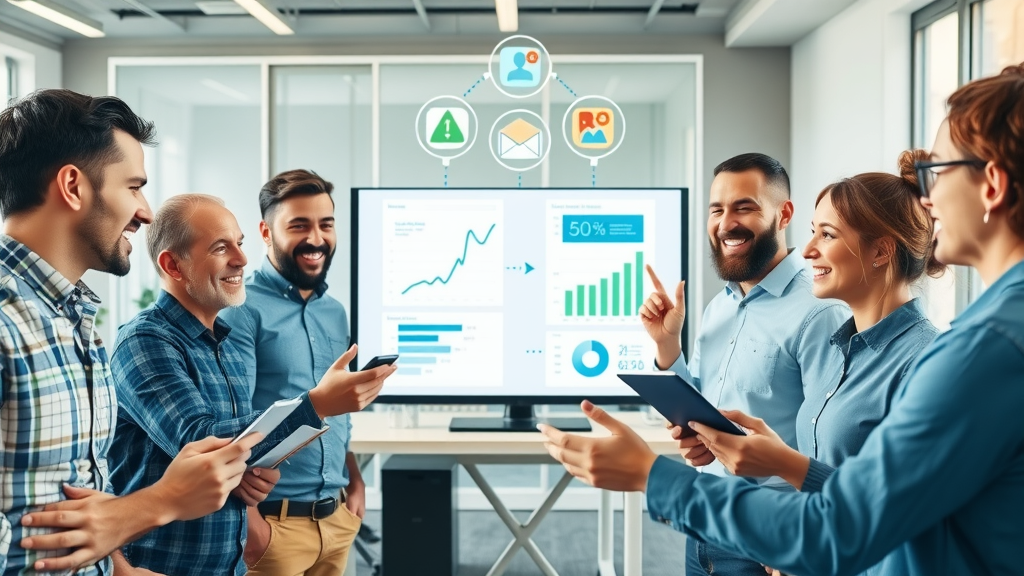 contractor landing page design marketers brainstorming around screen with ads, social media, email, charts, bright office, real skin textures