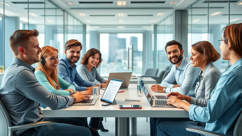 Optimistic customer service team collaborating on response templates for negative reviews