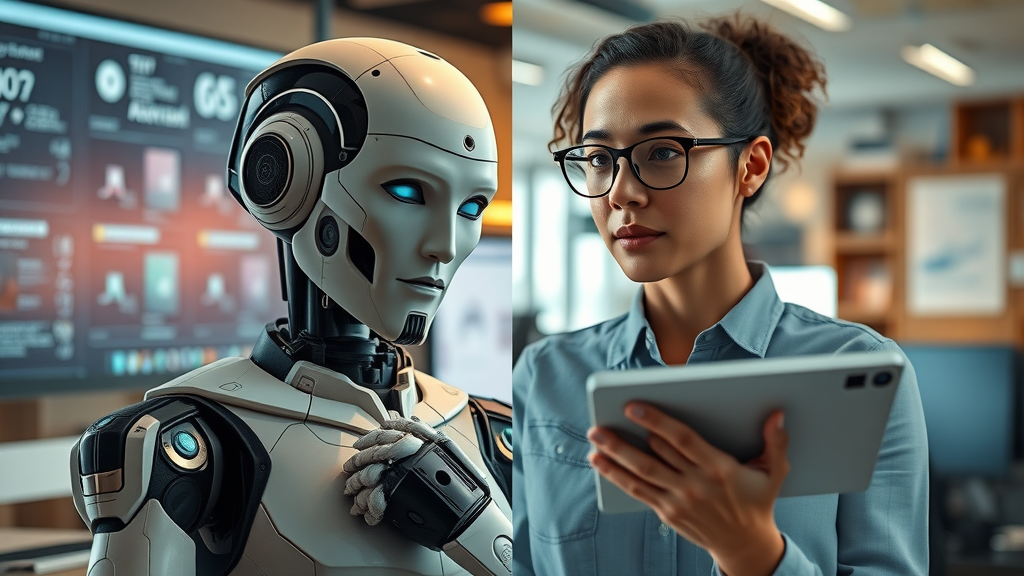 Split image showing AI robot and human marketer brainstorming, illustrating AI vs human creativity in a Denver workspace