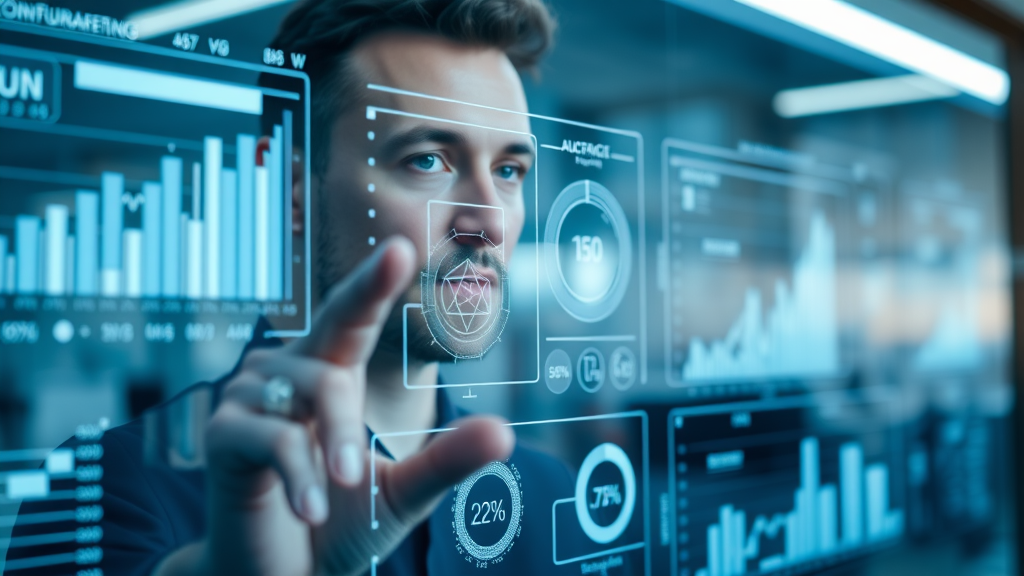 AI interface analyzing marketing data, displaying predictive analytics, charts, and dashboards in a tech-forward Denver office