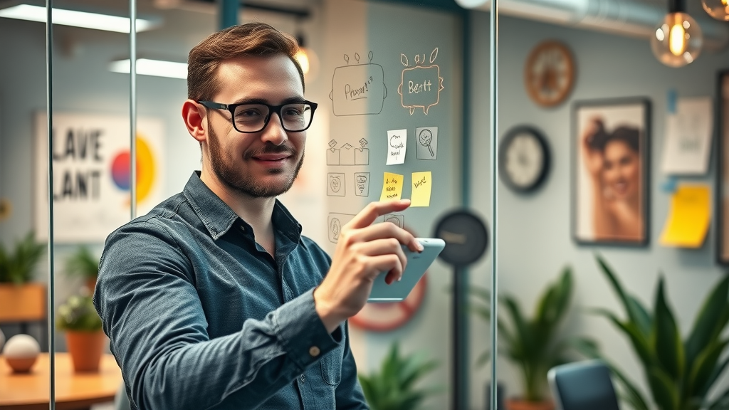 Denver marketer brainstorming campaign ideas with creative props, colorful agency, and art for human creativity in marketing