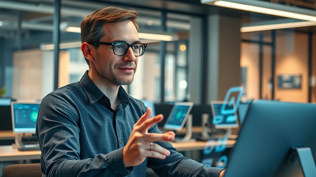 Human marketer collaborating with an AI digital assistant in a Denver office, floating digital icons representing hybrid approach