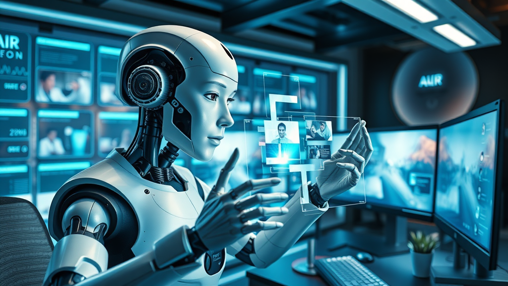 Generative AI creating marketing content rapidly in a digital workspace, holographic screens and creative visuals