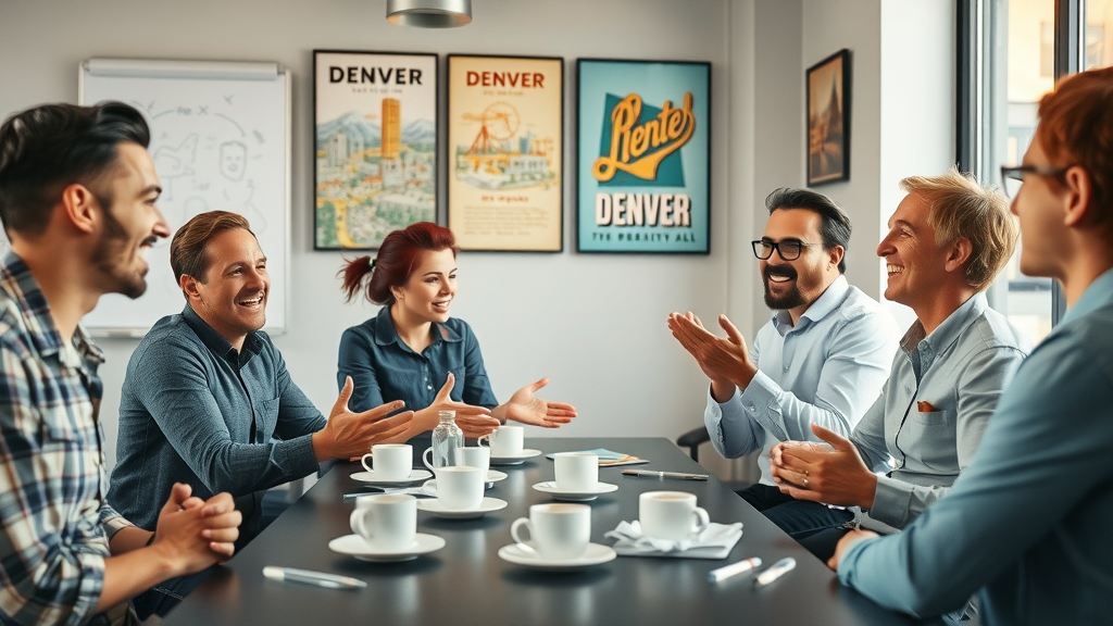 Denver marketing agency team discussing branding with expressive gestures and creative whiteboard sketches