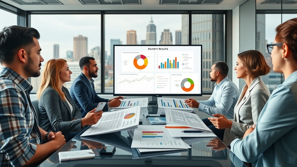Denver business professionals reviewing survey charts about AI vs human marketing in a boardroom with city skyline