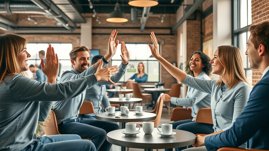 Denver marketing team celebrating campaign success, high-fives and joyful collaboration in a vibrant agency lounge