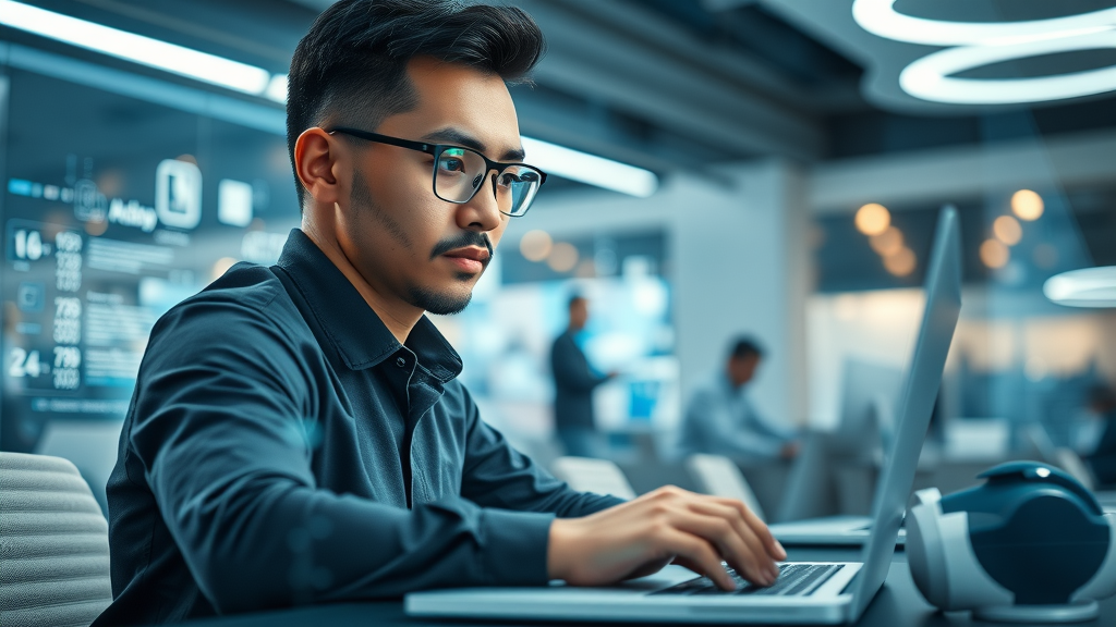 Futuristic workspace showing a professional using ai content writing interface for blog post creation, photorealistic digital agency scene