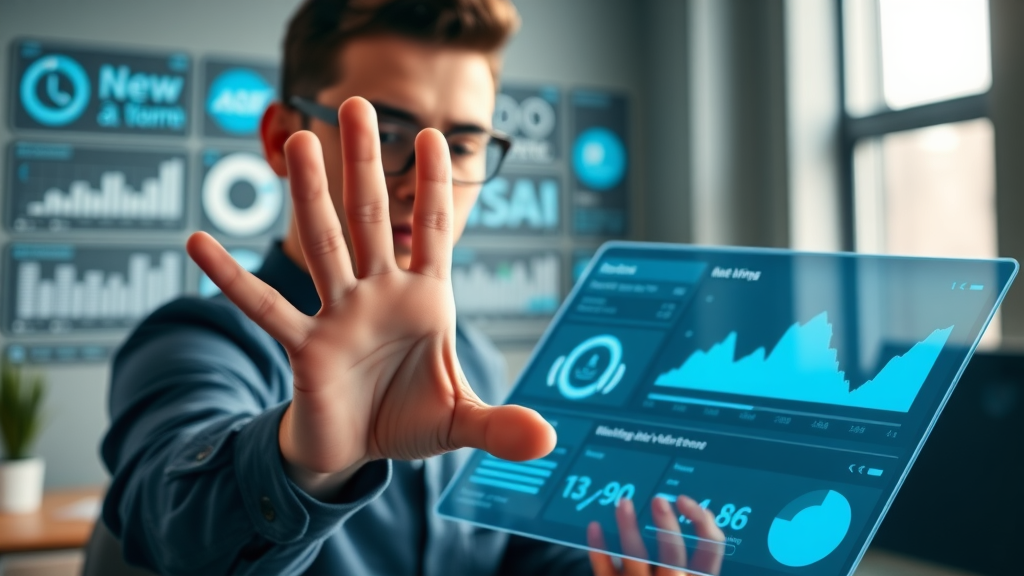 Modern digital dashboard with various ai writing tool icons, engaging user exploring blog post creation, photorealistic tech workspace