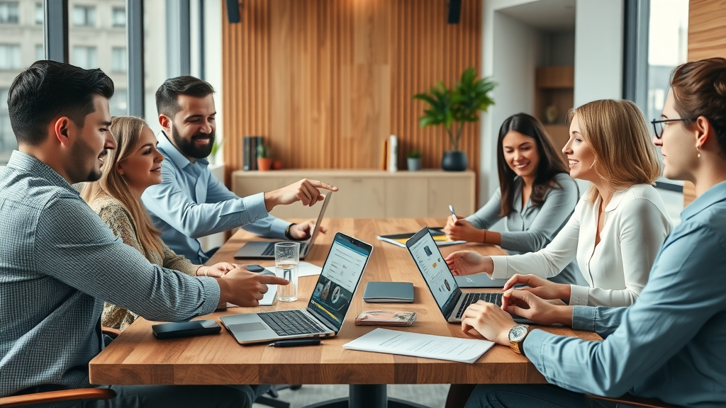 Professional branding team collaborating with ai writing tools for content creation, photorealistic digital strategy session