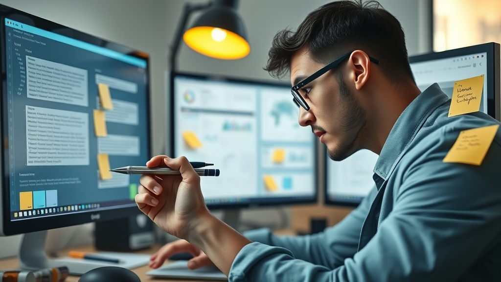 Creative individual analyzing AI-generated vs handwritten content for quality, photorealistic studio setup