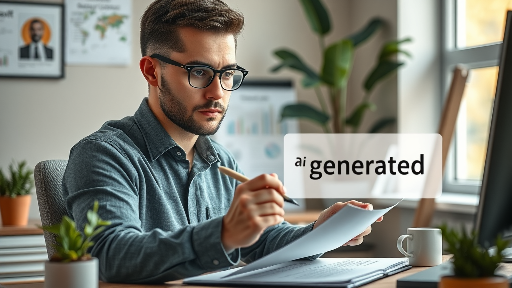 Business professional carefully reviewing AI-generated blog content for ethical authenticity in cozy office, photorealistic