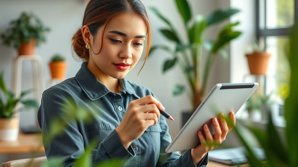 Service professional editing AI-generated blog post on a tablet for content creation success, photorealistic home office