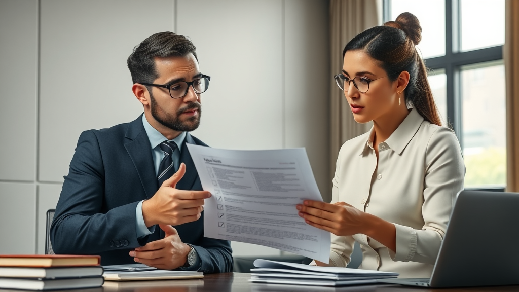 Two professionals discussing legal ai content writing risks, photorealistic office, reviewing documents with ai checklist on laptop