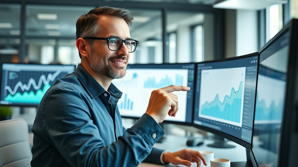 Marketing expert reviewing blog and social analytics for AI content writing performance, photorealistic office scene