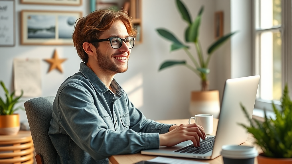 Freelance writer enjoying the ease of ai content writing after blog post completion at home workspace, photorealistic