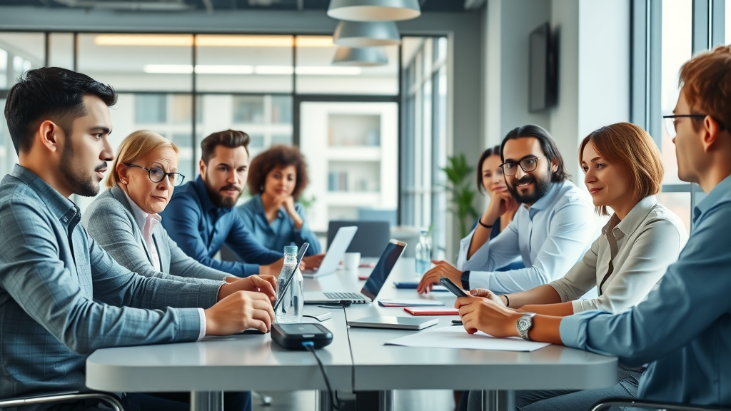 Modern contractor office workspace with business owners discussing local SEO mistakes and digital marketing strategies, photorealistic, well-lit contemporary setting, featuring visible laptops, phones, and animated interaction