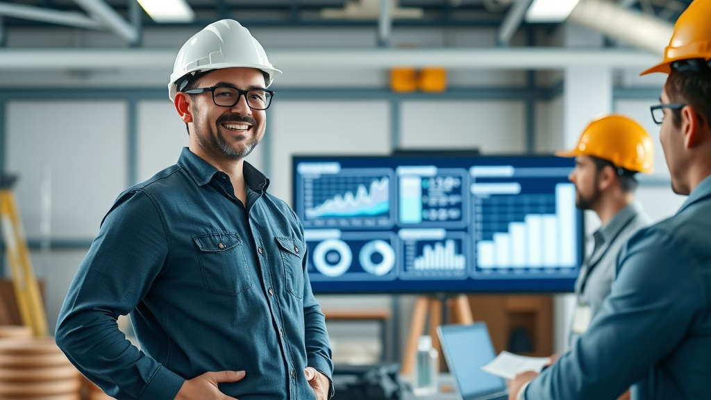 Construction office meeting: confident contractor presents local SEO analytics and how local seo mistakes affect Google search and business growth; photorealistic, modern office setting with team and digital charts