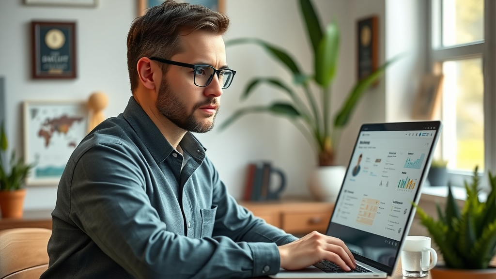 Professional contractor reviewing digital Google Business Profile to avoid local SEO mistakes; photorealistic cozy office with plants, awards, bright morning light, crisp and natural detail
