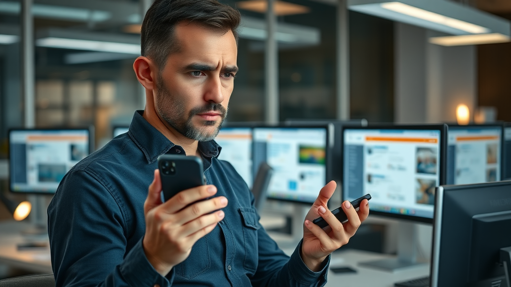 Business listing audit: contractor reviews local business listings and NAP across platforms on multiple screens, photorealistic, modern, softly lit blue and gray office