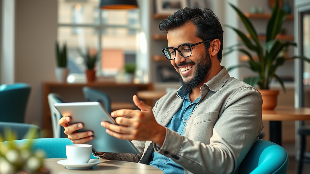 Local business owner reading customer reviews to manage local SEO mistakes and reputation; photorealistic relaxed cafe, digital tablet, natural morning light, qualitative detail