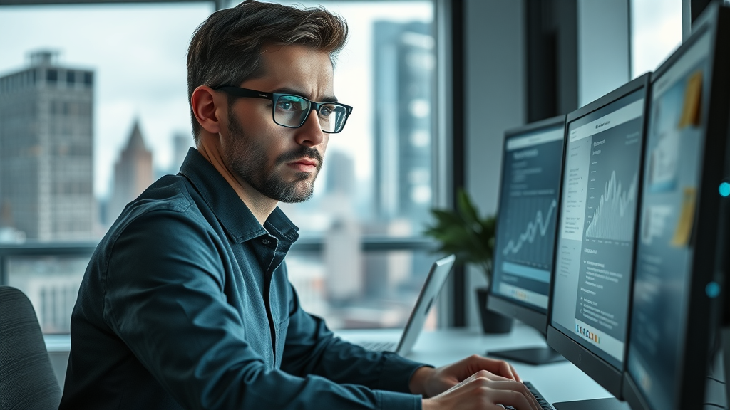 SEO specialist researching local keywords for contractors on modern desktop, graphs on screen, photorealistic workspace with sticky notes, cityscape view, lit blue highlights, keyword tools