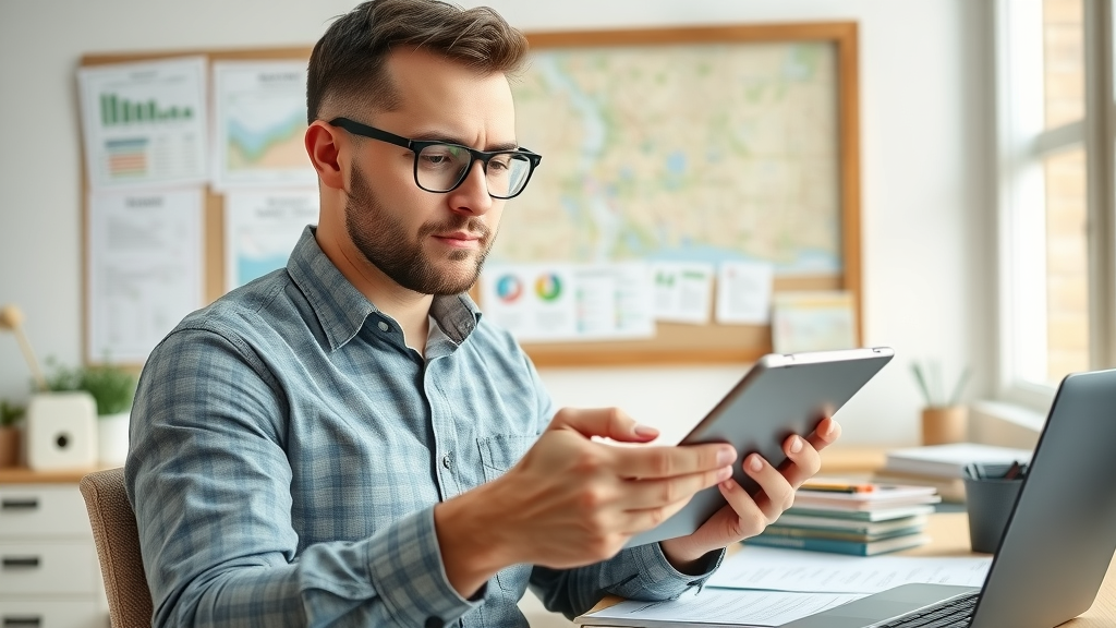 Business owner submitting to online directories and optimizing citations to fix local SEO mistakes; photorealistic bright home office, tablet use, bulletin with maps, clear detail