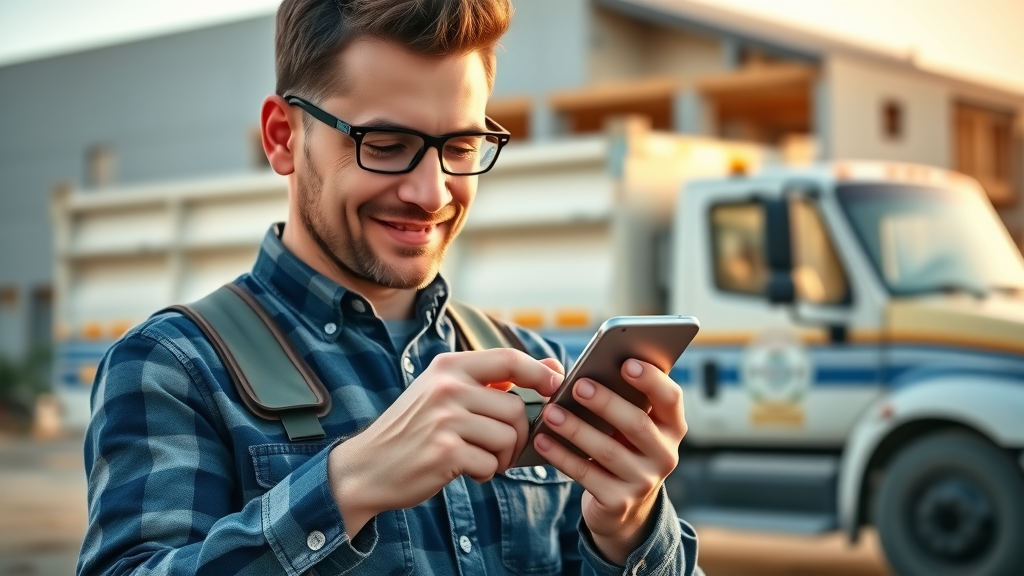 Contractor testing mobile website for local SEO mistakes using smartphone, photorealistic outdoor setting with work truck, golden hour, clear detail and authentic business owner action