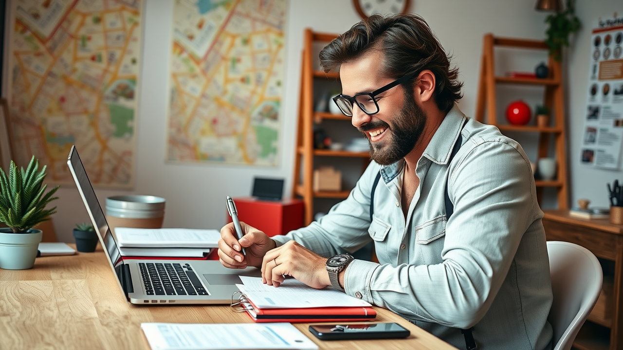 Business owner creating location-based website content to fix local SEO mistakes; photorealistic sunlit workspace, laptop, neighborhood maps, inspired contractor, fine earth detail