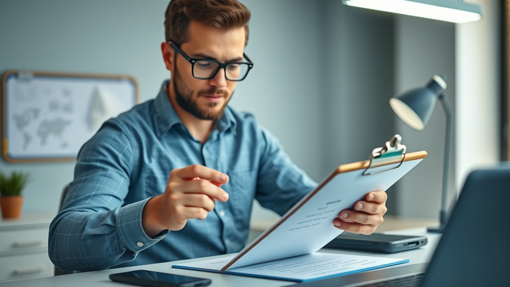 Checklist overview for contractors to avoid local SEO mistakes; business owner reviewing tasks on clipboard, photorealistic tidy office, digital devices, blue and white lighting