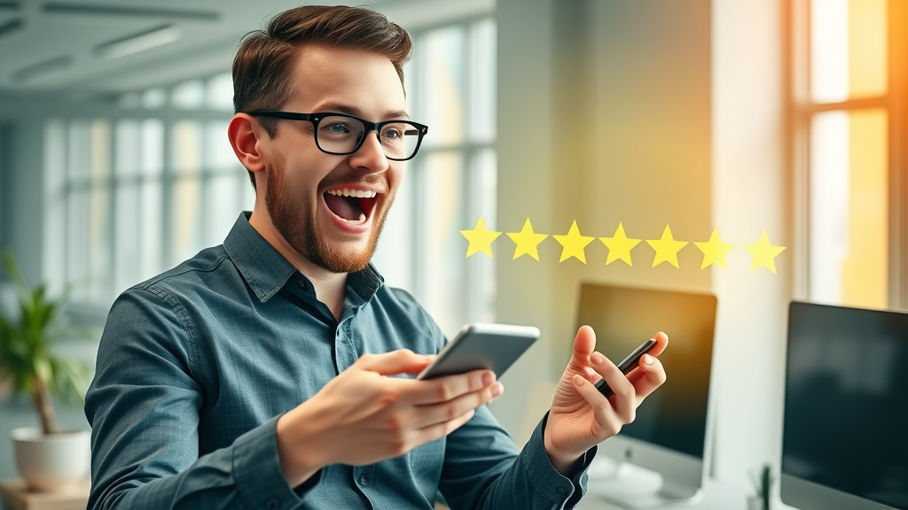 growing business profile optimization excited business owner reviews digital screen green yellow