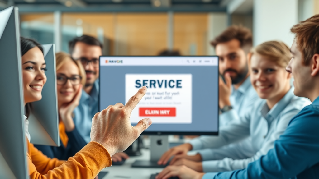 cta design displayed on a modern digital interface with a prominent, eye-catching CTA button observed by diverse users in a contemporary office – demonstrating how cta design impacts user conversion