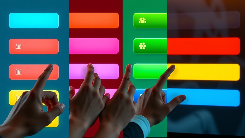 Series of colorful CTA buttons in contrasting color arrangements on digital screens, demonstrating the science of cta design visibility