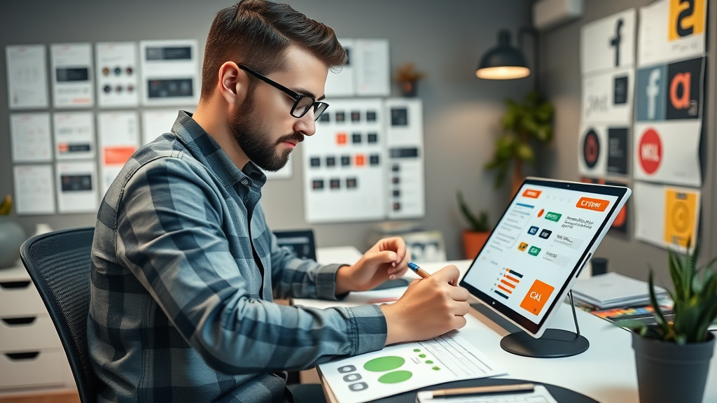 Professional UX designer creating cta design wireframes at modern desk, highlighting conversion-driven action design techniques