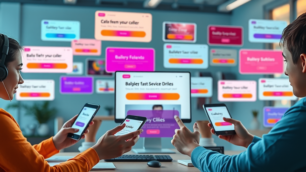 cta design gallery with a vivid assortment of cta buttons in contrasting color palettes across mock service websites, showing practical color use for conversion