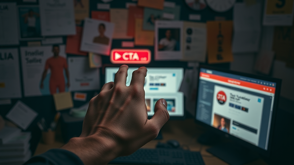Unattractive, poorly placed CTA button on a cluttered website interface, illustrating pitfalls in cta design and their negative user impact