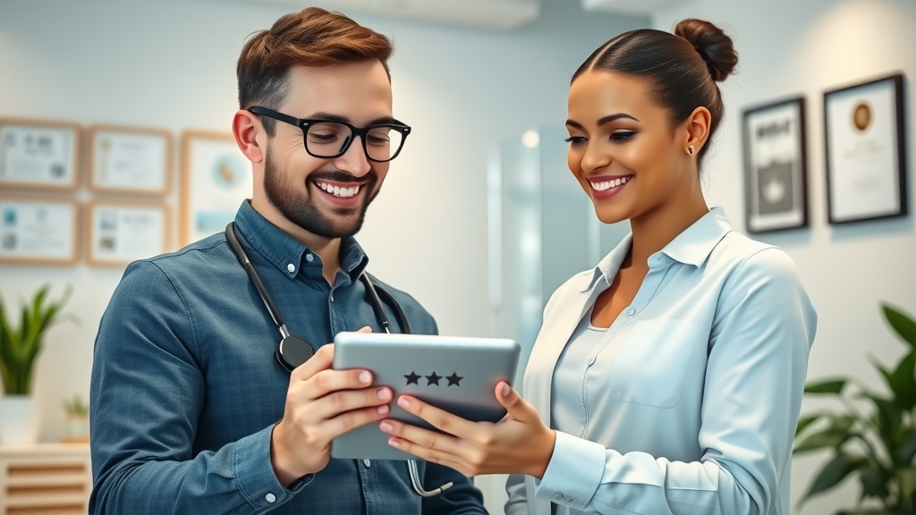 aurora service professional discussing feedback with customer google review stars digital office scene