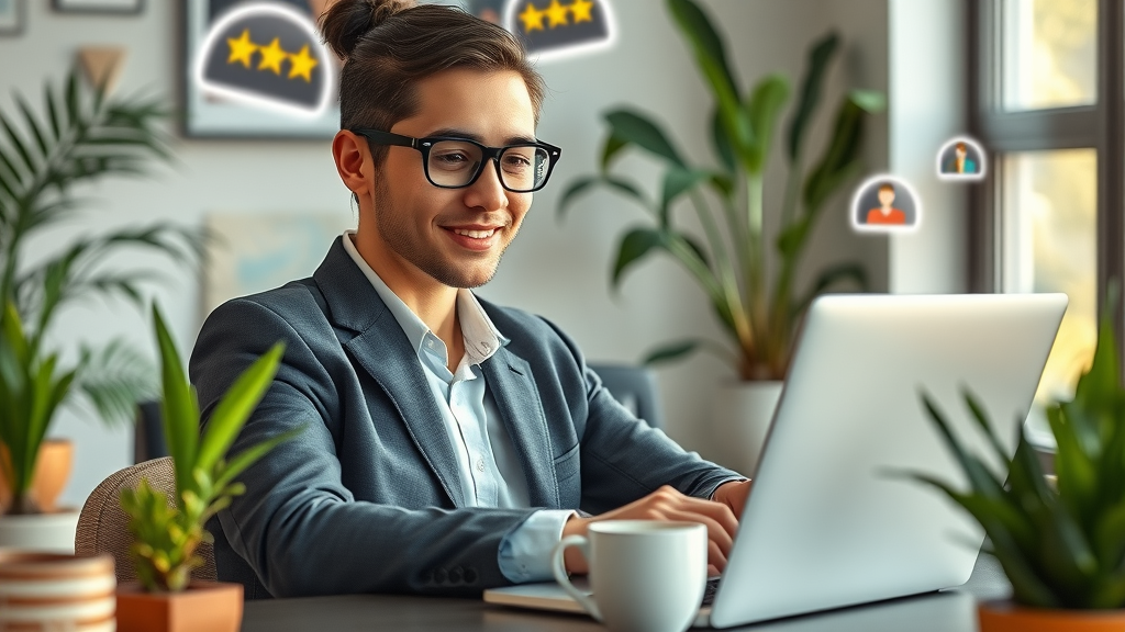 business professional responding to google reviews digital workspace floating media icons