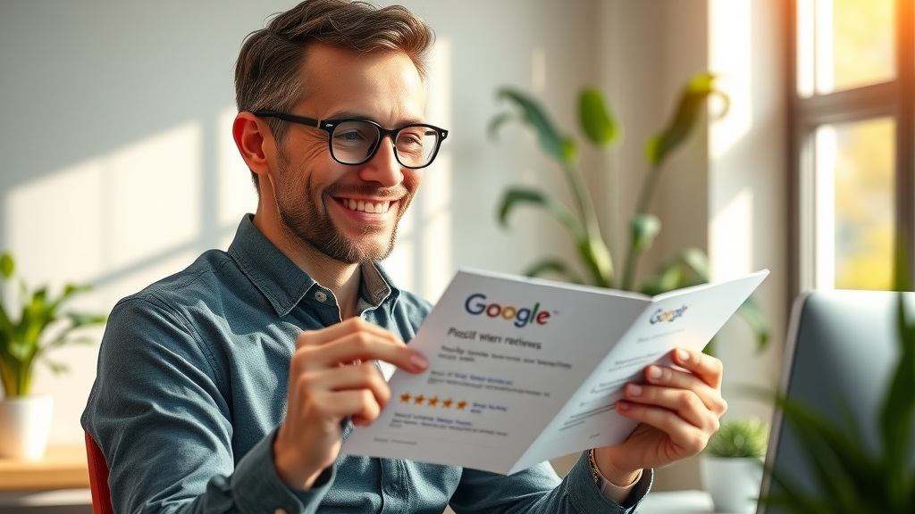 Friendly business owner reading positive Google reviews in a cozy modern office, business profile, reviews impact SEO, sunlight streaming in, maximum realism, 50mm lens.