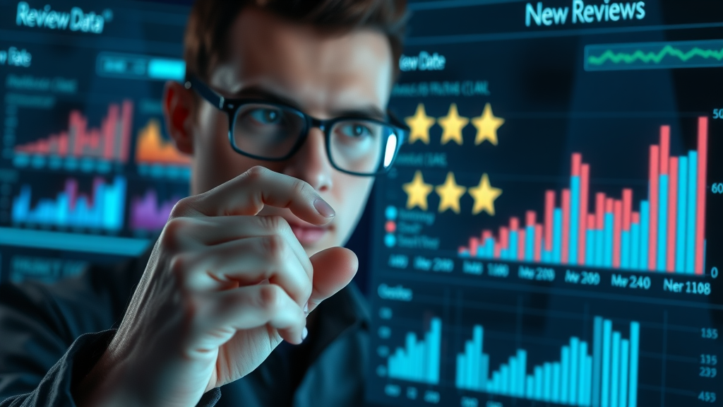 Sophisticated search engine algorithm visualization analyzing review data for reviews impact SEO, glowing review stars, data points, cool blue accents, macro lens.