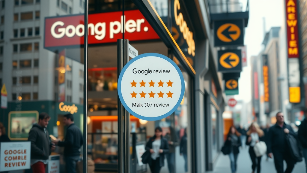 Modern business storefront with Google review badge, fresh content and search ranking, bustling street, real pedestrians, daylight, vibrant urban setting, 35mm.