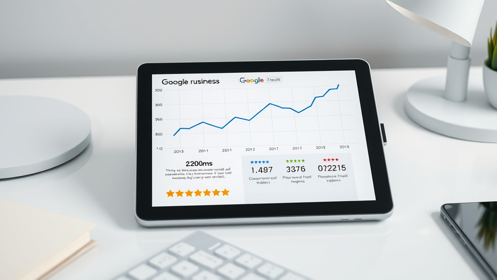 Chart comparing businesses with varying Google review counts and ratings, visualizing reviews impact SEO, tablet, upward trend, rating stars in infographic.