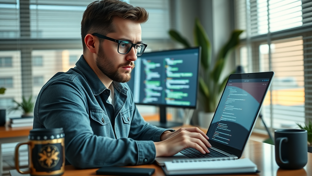 Tech-savvy marketer configuring schema markup on laptop for reviews and ratings, enhancing search results, modern workspace, tech gadgets, green highlights, 40mm.