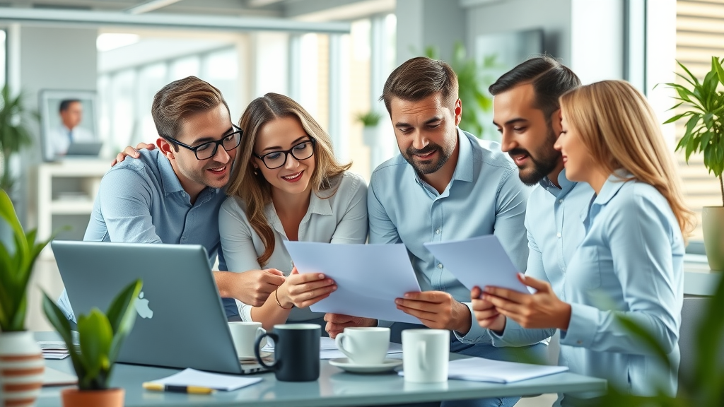 Professional office team collaborating on review request templates