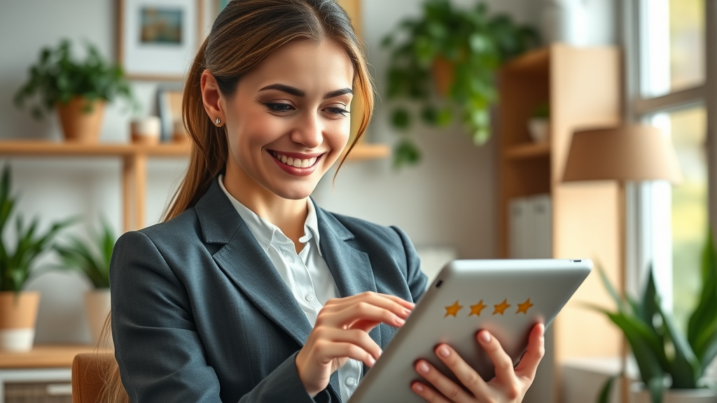 Confident businesswoman checking customer reviews with review request templates