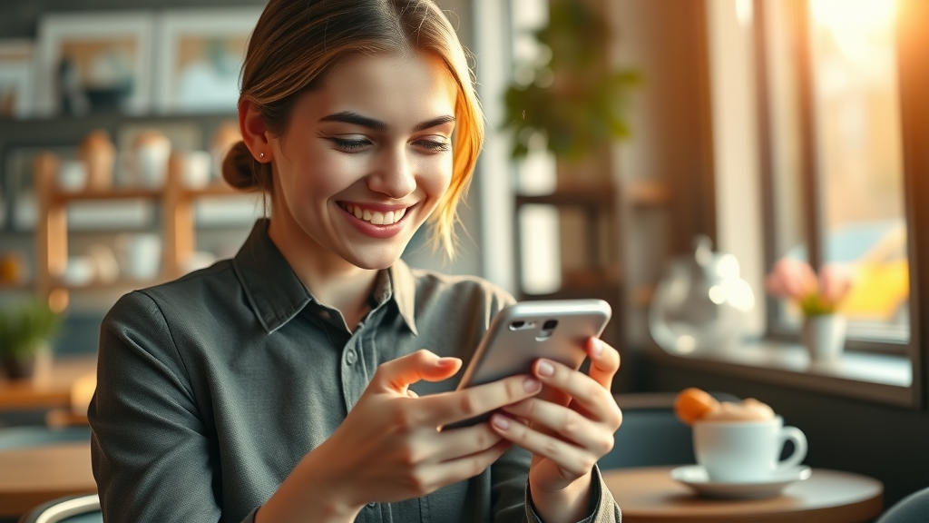 Young professional checking review request text messages on smartphone