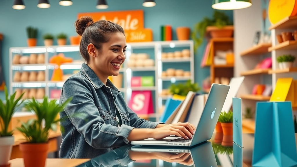 Small business owner using review request templates for social media